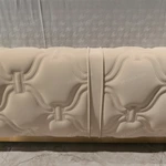 Cream Quilted Upholstered Bed with Patterned Stitching & Gold Stainless Steel Accents